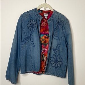 Chico's Blue Denim Jacket with Floral Embroidery and colorful lining